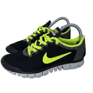 Nike Free 3.0 V2 Running Sneakers 354574-003 Lace Up Low Top Black‎ Green 6.5